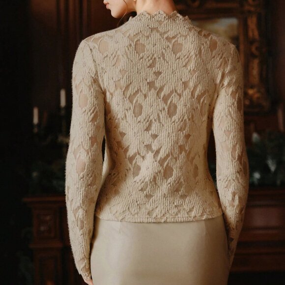 Apricot Elegant Women's Long Sleeve Hollow Out Stretchy T-Shirt - Picture 2 of 8